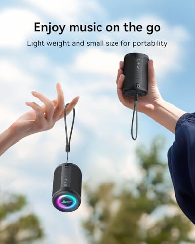 LENRUE FA02 Bluetooth speaker angled view with lanyard