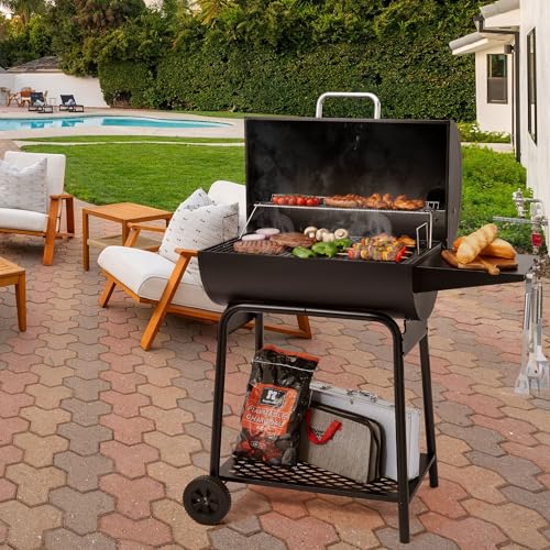 Side shelf and utensil hooks on charcoal grill