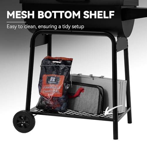 Black barrel charcoal grill side angle