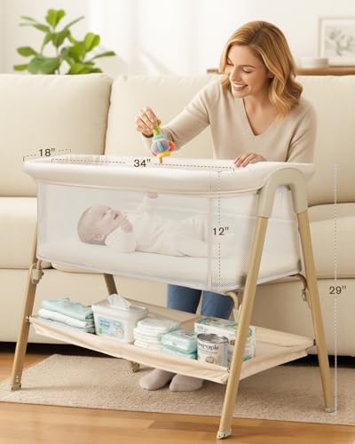 Side view of JevrJeur baby bassinet mesh walls