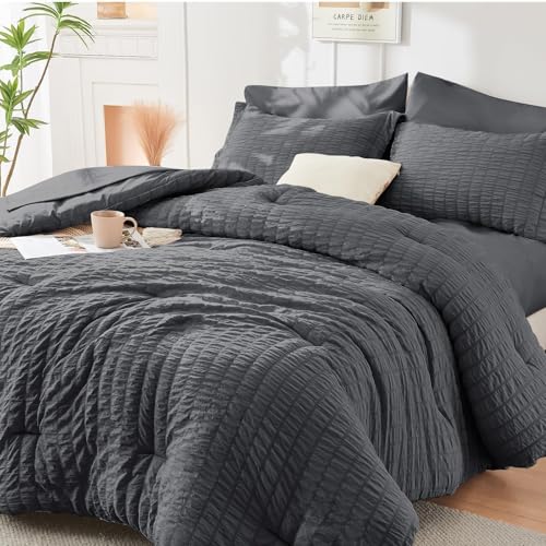 HYMOKEGE Queen Seersucker comforter set dark grey
