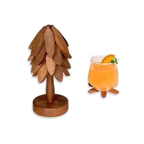 Yuoyar Wooden Tree-Shaped Coasters Set Sapele assembled in stand
