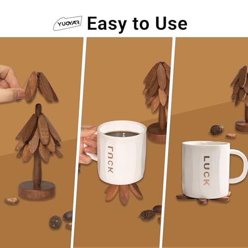 Yuoyar Wooden Tree-Shaped Coasters Set Sapele leaves spread flat