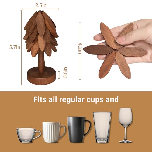 Yuoyar Wooden Tree-Shaped Coasters Set Sapele kitchen decor angle