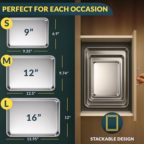 Three stainless steel baking sheets stacked