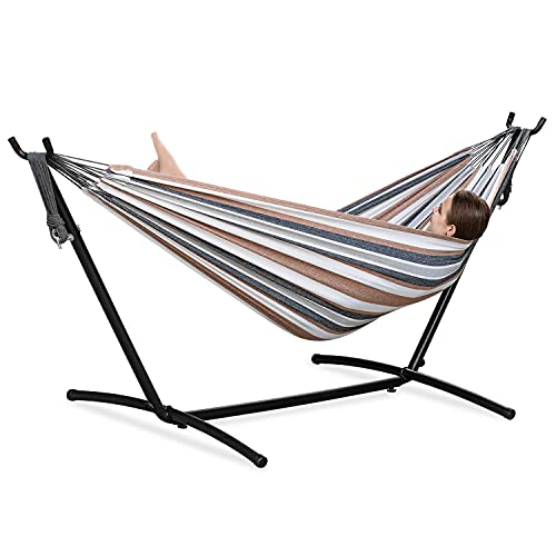 Coffee striped hammock on steel frame