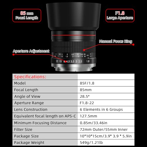 Lightdow 85mm lens with lens hood attached