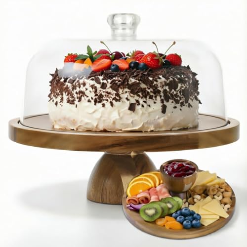 JOCHER 12in acacia wood cake stand with dome