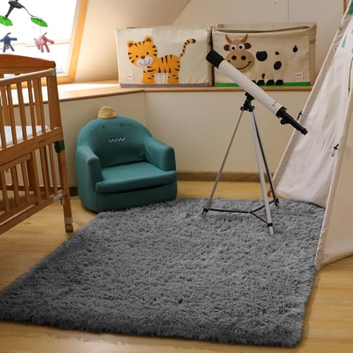 Grey shag rug bedroom decor display