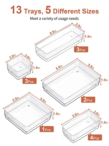 Clear plastic drawer bins in five sizes