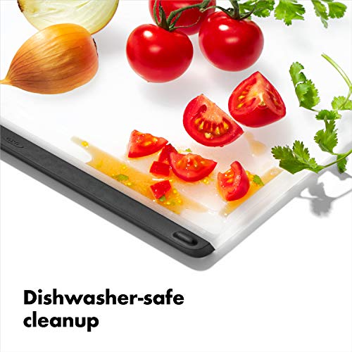Clear plastic cutting board with drip-catcher groove