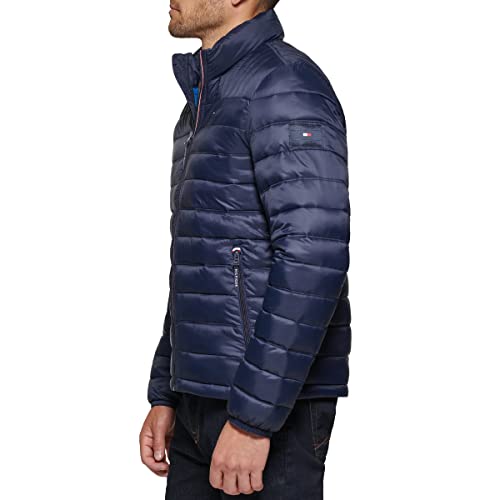 Interior view of Tommy Hilfiger puffer lining and storage instructions