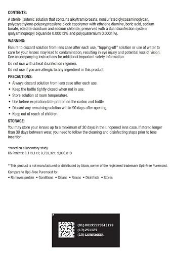 Back label of Basic Care multi-purpose solution showing ingredients