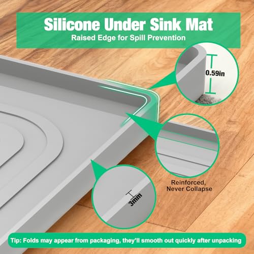 Gray under sink mat in cabinet