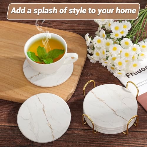White marble coaster set in storage holder