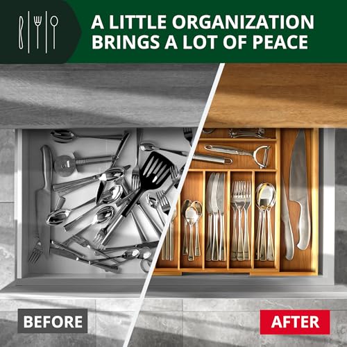 Close up of deep bamboo kitchen organizer slots