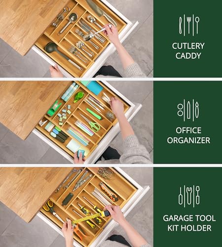 Organized silverware inside a wooden kitchen tray