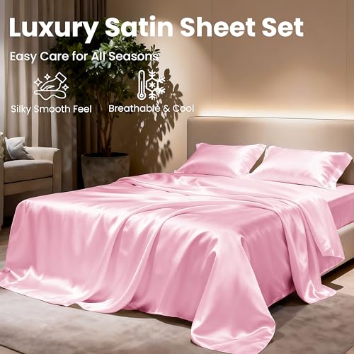 Pink satin fabric bedding set components