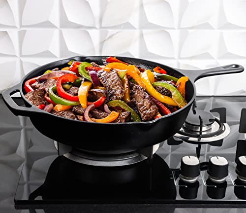 Pre-seasoned black cast iron skillet surface