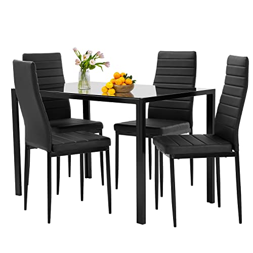 FDW 5-piece black glass dining table set