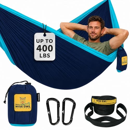 Wise Owl Outfitters Camping Hammock single navy and light blue side view