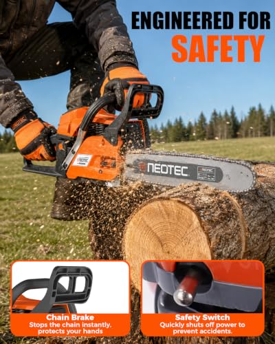 Close up of chainsaw engine controls and handle