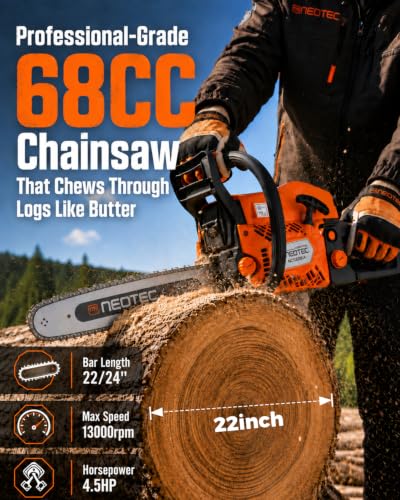 Side view of 68CC chainsaw with fuel tank cap