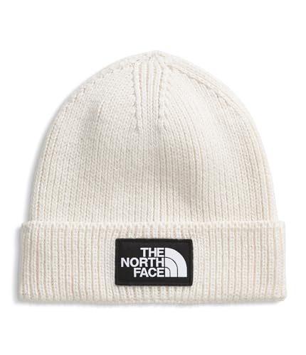 The North Face TNF Logo Box Cuffed Beanie in White Dune front view