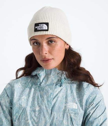 Close up of The North Face logo patch on White Dune cuffed beanie