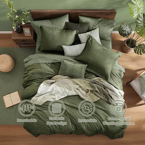 Monbix Oversized Queen Comforter Set Olive Green 7 Pieces Bed in a Bag comforter closeup