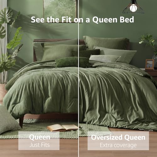Monbix Oversized Queen Comforter Set Olive Green 7 Pieces Bed in a Bag fitted sheet