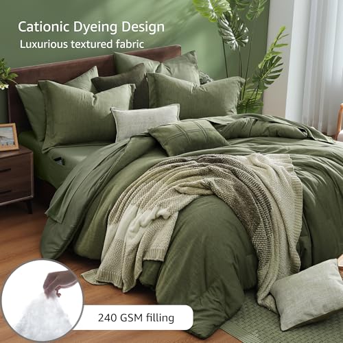 Monbix Oversized Queen Comforter Set Olive Green 7 Pieces Bed in a Bag pillow shams