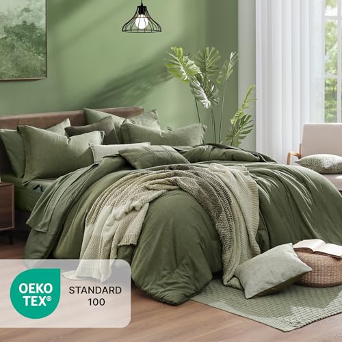 Monbix Oversized Queen Comforter Set Olive Green 7 Pieces Bed in a Bag fabric texture