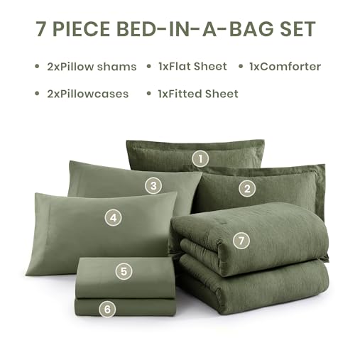 Monbix Oversized Queen Comforter Set Olive Green 7 Pieces Bed in a Bag in room setting