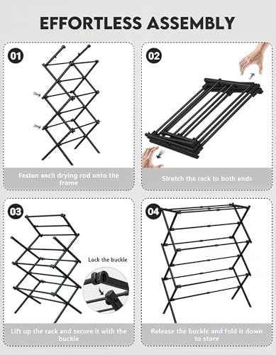 Three-tier clothes drying rack assembled in a laundry room