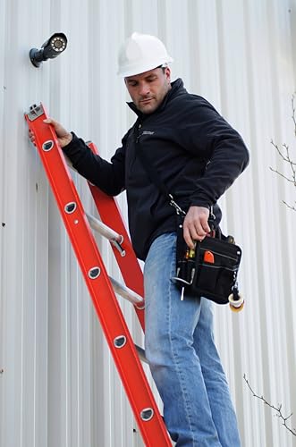 Orange fiberglass extension ladder with safety shoes