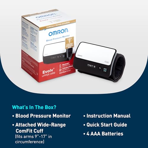 Omron Evolv monitor shown with smartphone app integration