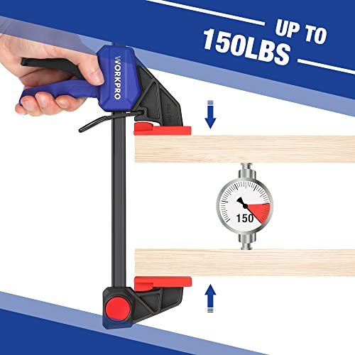 Close up of blue 6-inch WORKPRO F clamp