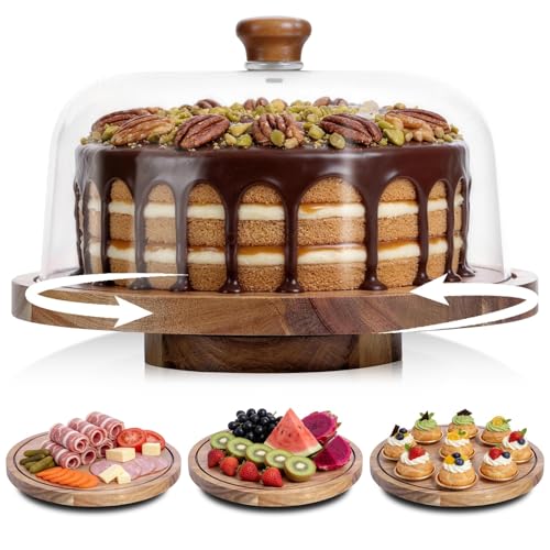 JOCHER 12in rotating wooden cake stand with lid