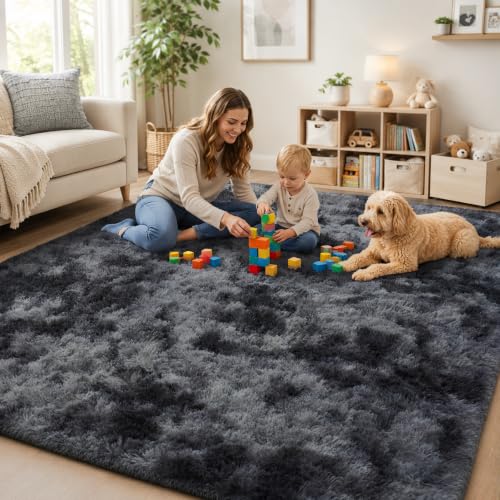 Full view of the 8x10 tie-dyed dark grey rug
