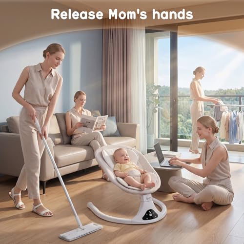 Portable grey baby swing in nursery setting