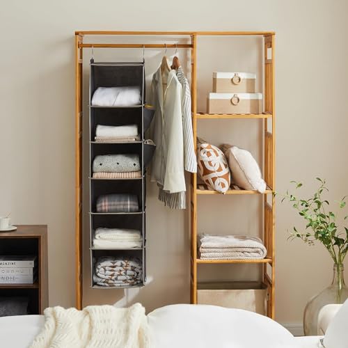 Grey fabric hanging closet organizer with bamboo inserts