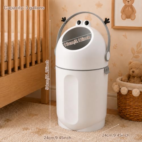 Side profile of Grey and White diaper pail