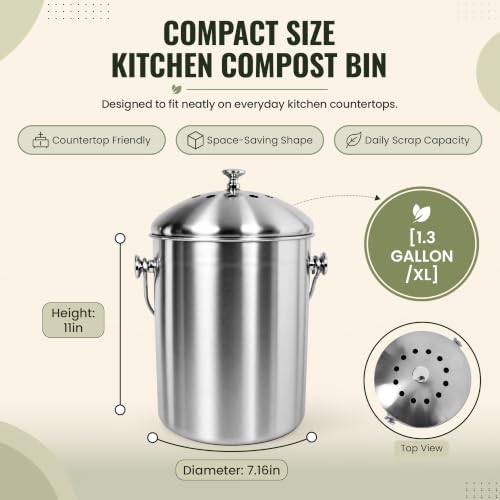 Silver stainless steel kitchen compost bin