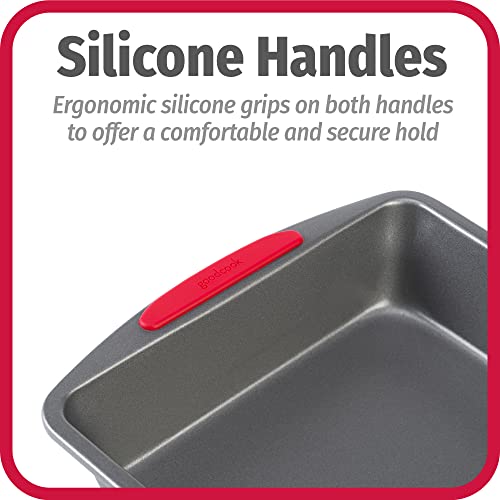 Ergonomic silicone grips on square baking pan