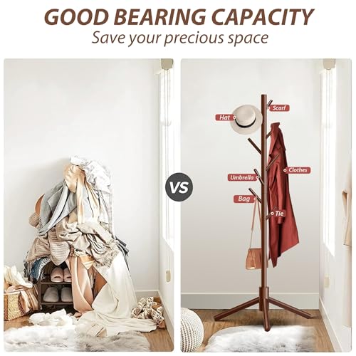 Brown wooden coat rack in corner