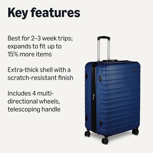 Navy blue 30-inch checked luggage side profile