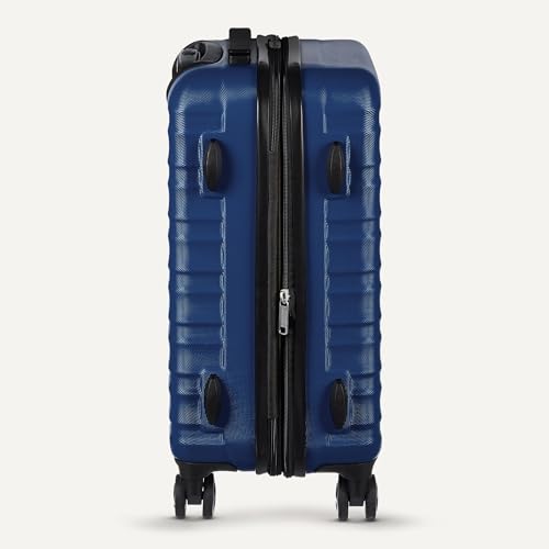 Telescoping handle and top handle of the navy blue suitcase