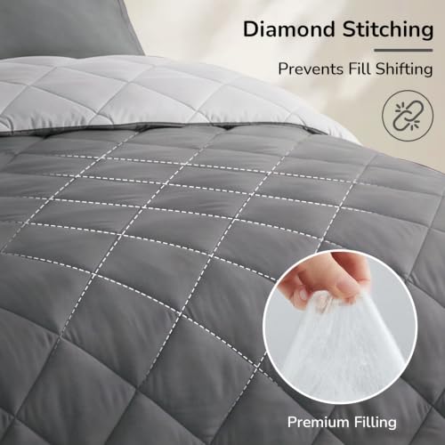 Side view of king bed featuring charcoal comforter