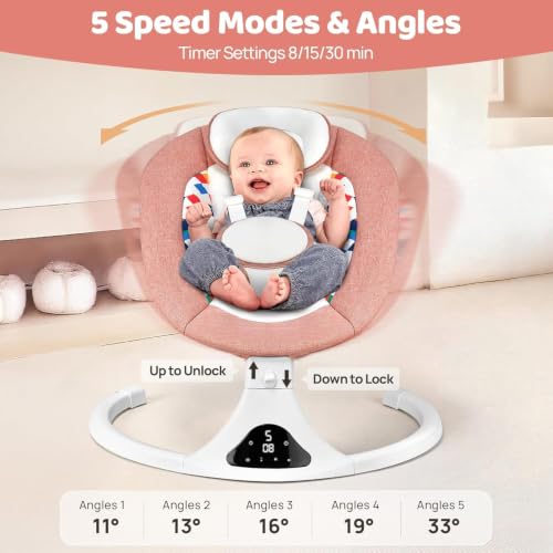 Side profile of pink infant swing with hanging toys